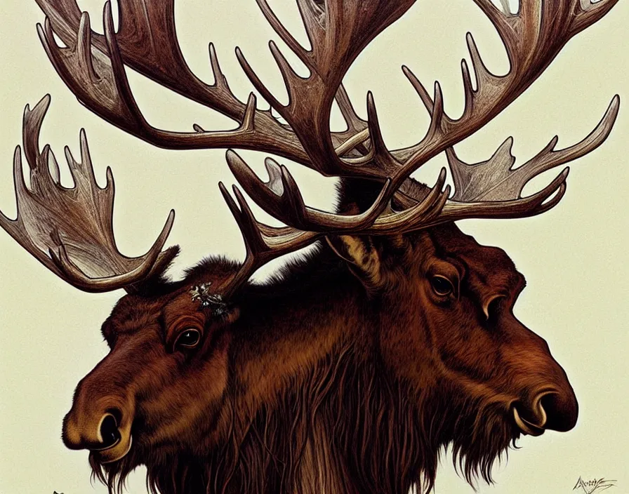 Image similar to a beautiful and very detailed painting of great ethereal moose with silver antlers by artgerm and greg rutkowski and alphonse mucha, 8 k