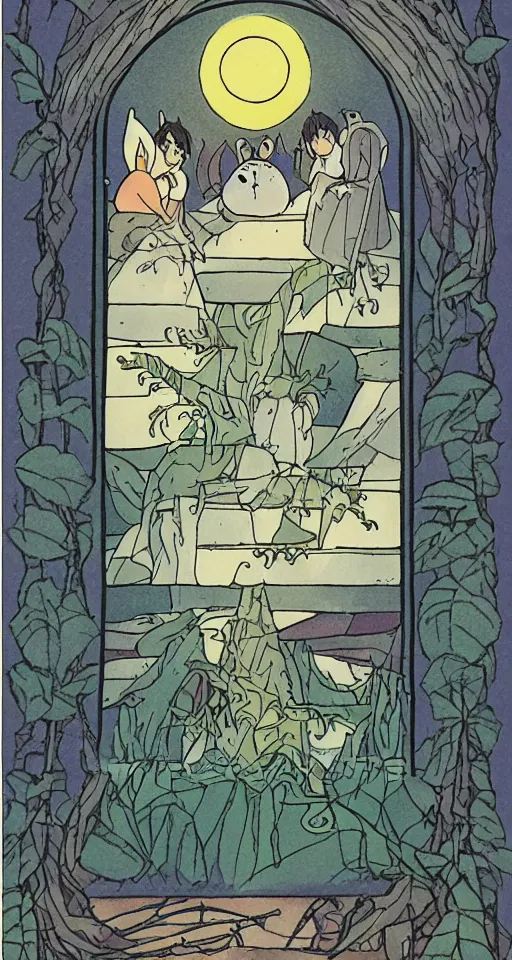 Image similar to three of pentacles tarot card as drawn by studio ghibli, whole card, white frame, concept art