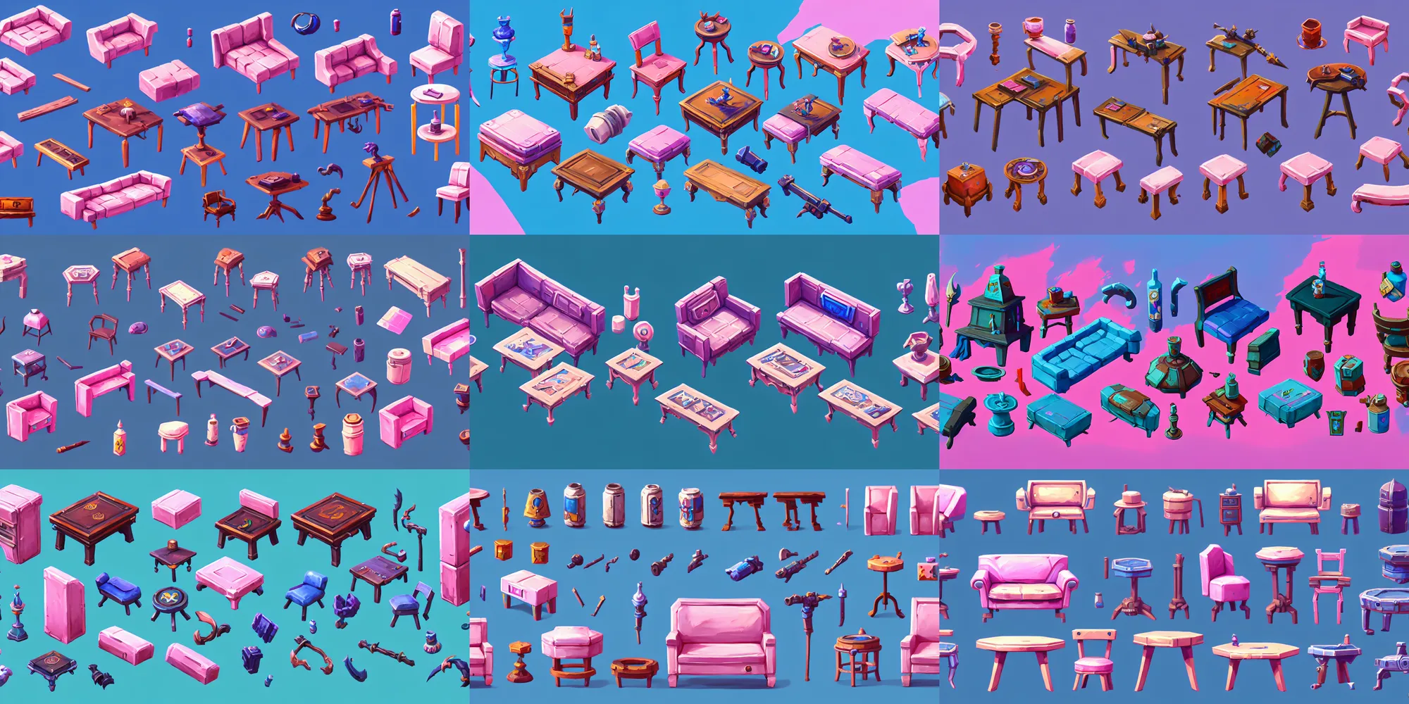 Prompt: game asset of furniture, in gouache detailed paintings, props, stylized, 2 d sprites, kitbash, arcane, overwatch, blue and pink color scheme, 8 k, close up