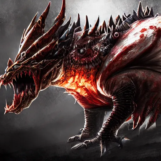 Image similar to concept art of bowser with huge horns and scales and talons, resident evil, horror, occult, terror, mist, volumetric render, digital painting, detailed painting