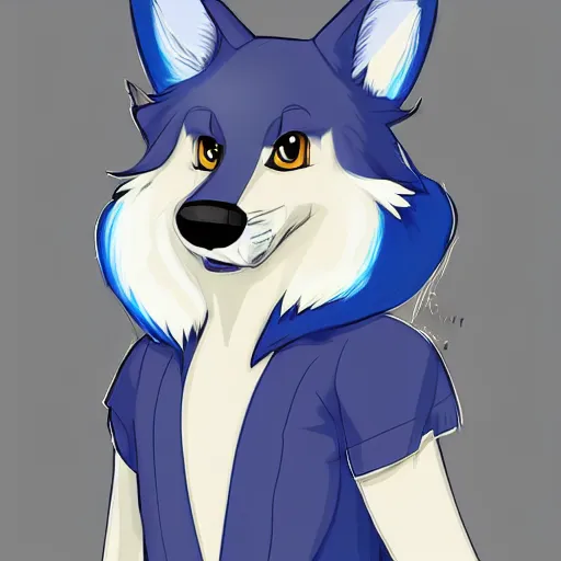 Image similar to an anthro anthropomorphic furry fursona hybrid of a blue german shepherd and a blue fox, with blue fur and blue eyes in a tee shirt, award winning digital art, trending on furaffinity, artstation, pixiv