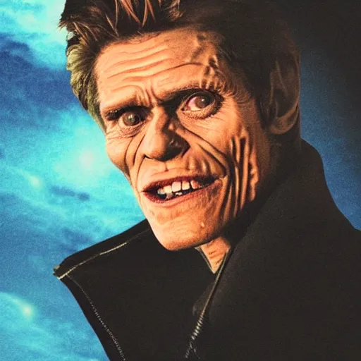 Image similar to willem dafoe face in the night sky, ominous, spooky, cinematic, hyperrealistic