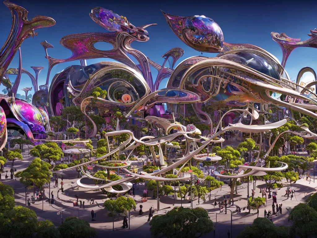 Image similar to a busy elaborate ornate outdoor science museum, cinematic, shadows, 4 k, detailed, by zaha hadid and lisa frank and peter jackson and ridley scott and beeple and greg rutowski