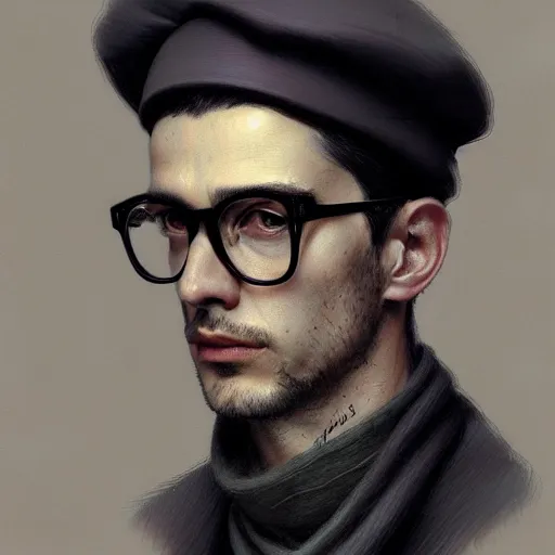 Prompt: portrait of a male italian artist wearing a beret and glasses, anxiety and depression, intricate, elegant, highly detailed, digital painting, dark background, artstation, concept art, smooth, sharp focus, illustration, by greg rutkowski