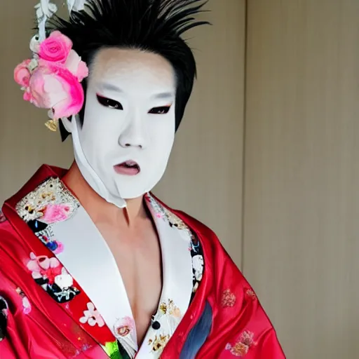 Image similar to a flamboyant japanese man that has had lots of plastic surgery, wears lots of makeup and has smooth skin wearing a wedding dress