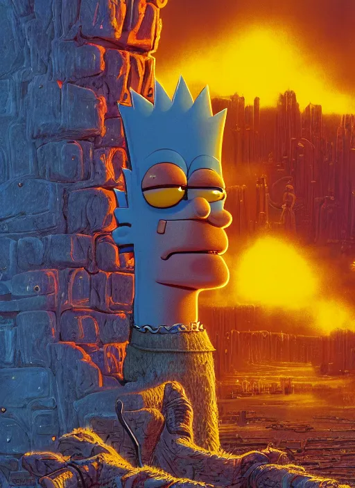 Image similar to dystopian bart simpson, epic, cinematic shot, 8k, by Bruce Pennington, sharp focus, highly detailed, saturated