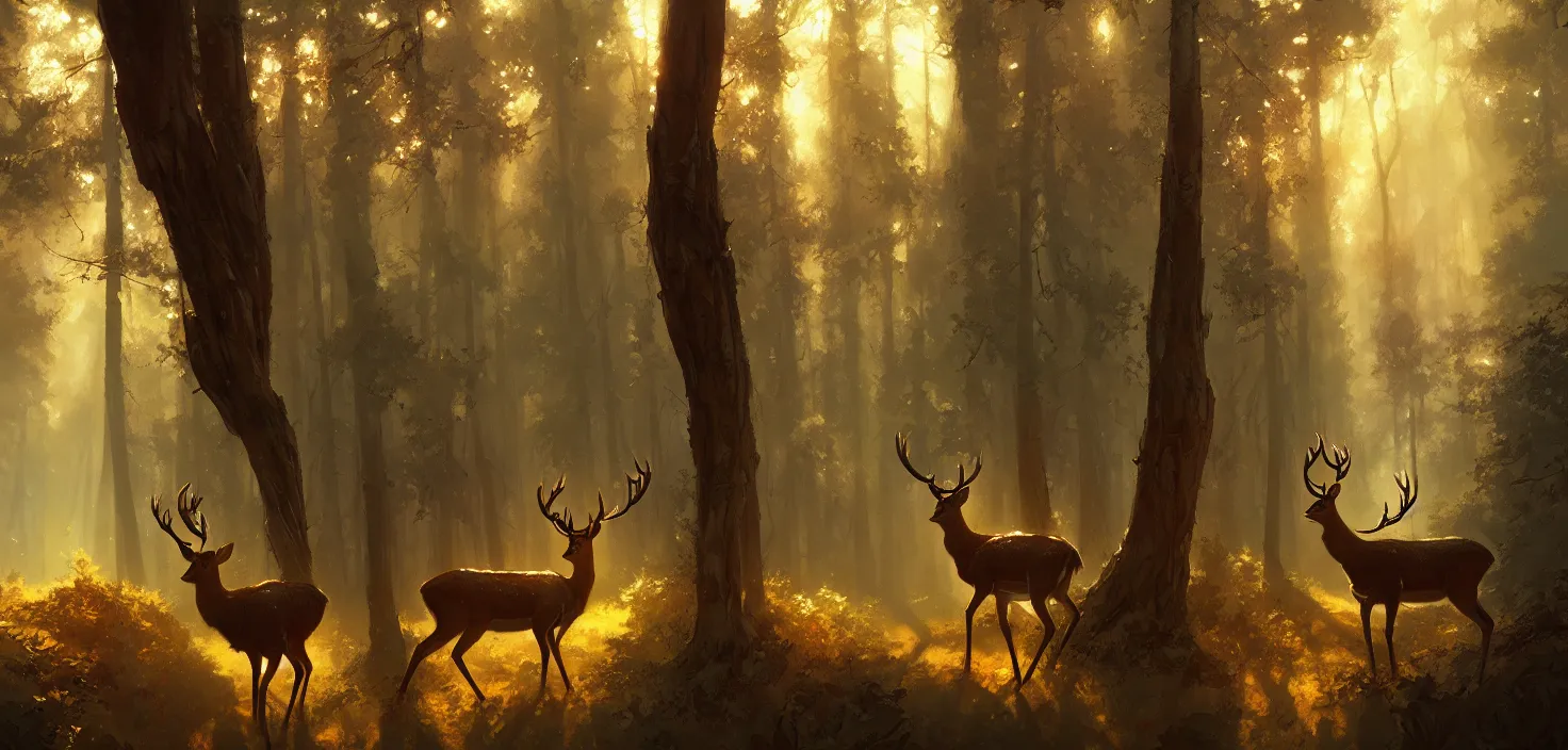 Image similar to Deer in Sherwood Forest, full frame, highly detailed, digital painting, artstation, concept art, smooth, sharp focus, illustration, art greg rutkowski and alphonse mucha