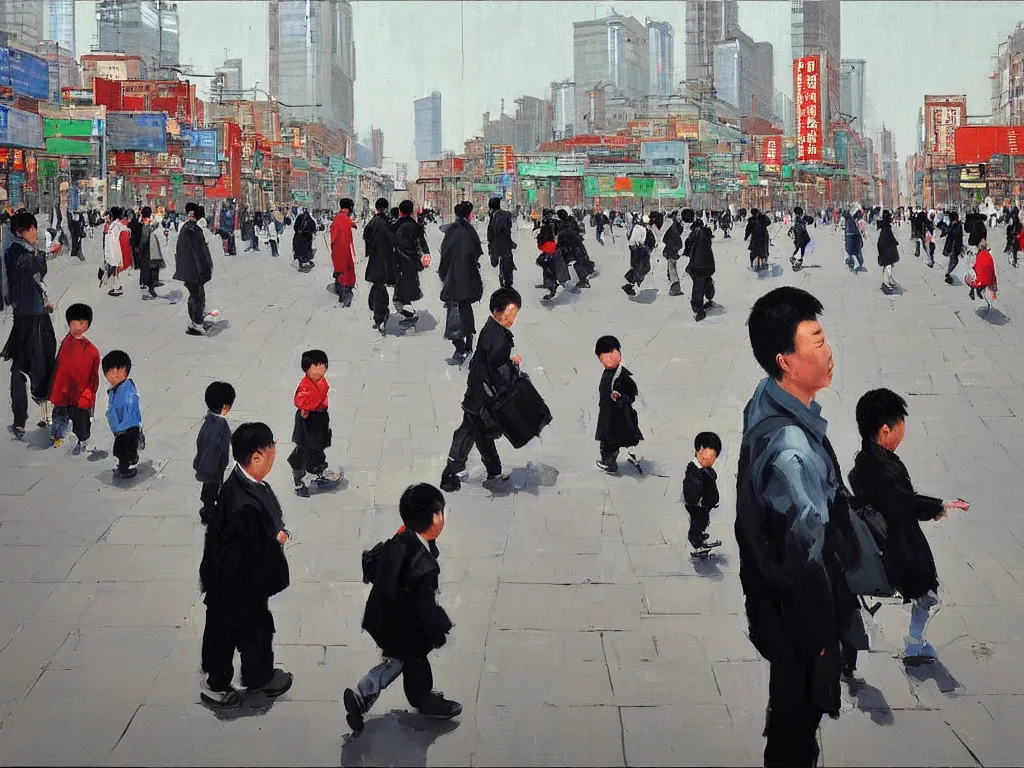 Prompt: ‘The Center of the World’ (Liu Xiaodong realist oil painting, large brushstrokes, colorful crowded city street) was filmed in Beijing in April 2013 depicting a white collar office worker. A man in his early thirties – the first single-child-generation in China. Representing a new image of an idealized urban successful booming China.