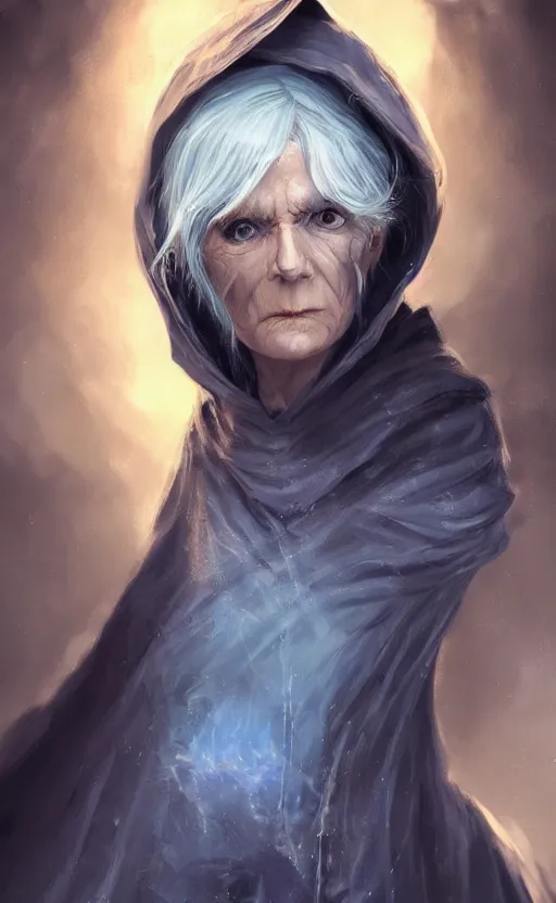 Image similar to an older woman with silver hair and piercing blue eyes. she's wearing a dark, hooded cloak and looks like she knows her way around a sword, dynamic lighting, photorealistic fantasy concept art, trending on art station, stunning visuals, creative, cinematic, ultra detailed