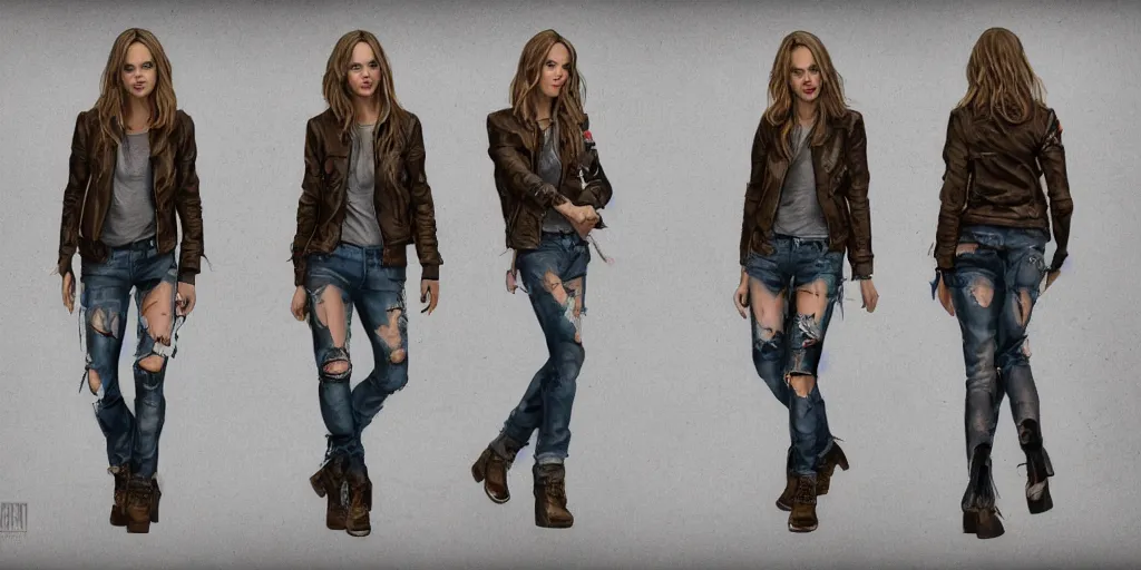 Image similar to full body portrait halston sage as a tattooed wanderer, wearing scratched and ripped short leather jeans, wearing an aviator jacket, character sheet, fine details, props, concept design, contrast, kim jung gi, greg rutkowski, trending on artstation, 8 k, full body, turnaround, front, back, ultra wide angle