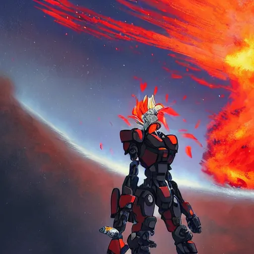 Image similar to A tall women with red skin with a magma texture. And a skull drooling with fire. In anime style, dark color. explosions, ultra wide angle, panoramic, fish eye, colorfull painting, centered, front, horizont, outline, stars, gundam, mech, detailed, art by Stephan Martiniere, 4k resolution