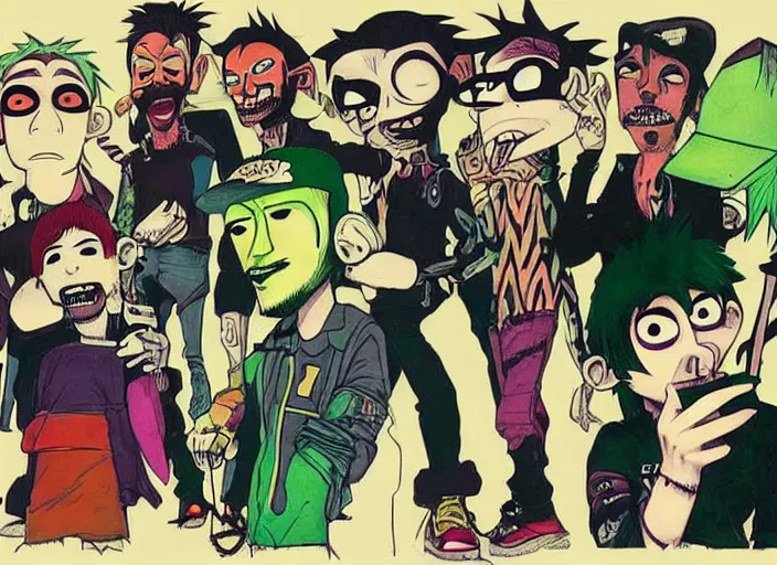 Image similar to linkin park drawn colorfully like the gorillaz by jamie hewlett