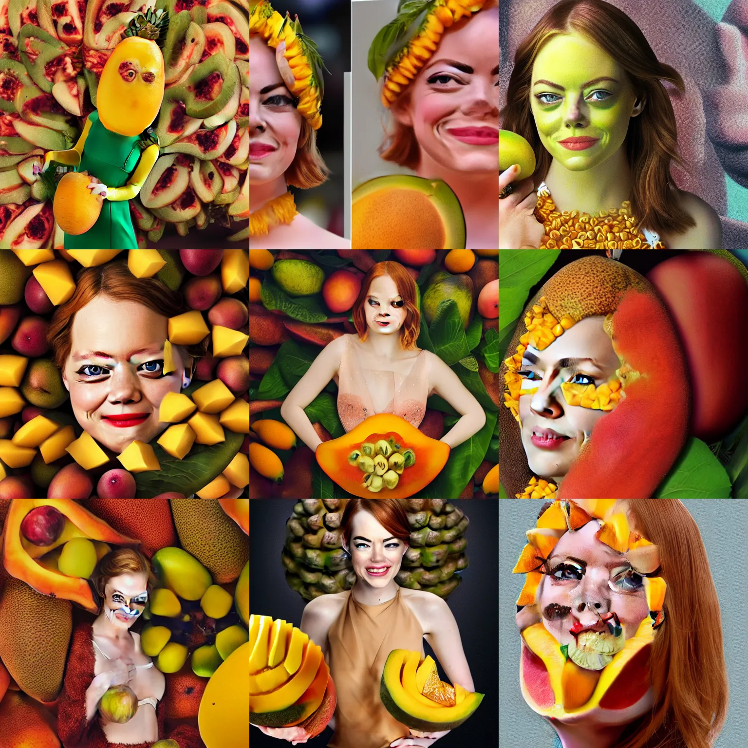 Prompt: emma stone, with a mango fruit instead of her body, fused together, mango costume, full shot photo, photoshopped, ripe fruit, giuseppe arcimboldo