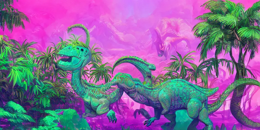 Prompt: spectral pink dinosaur, green jungle background, vibrant, oil painting, detailed, ultrawide landscape, concept art