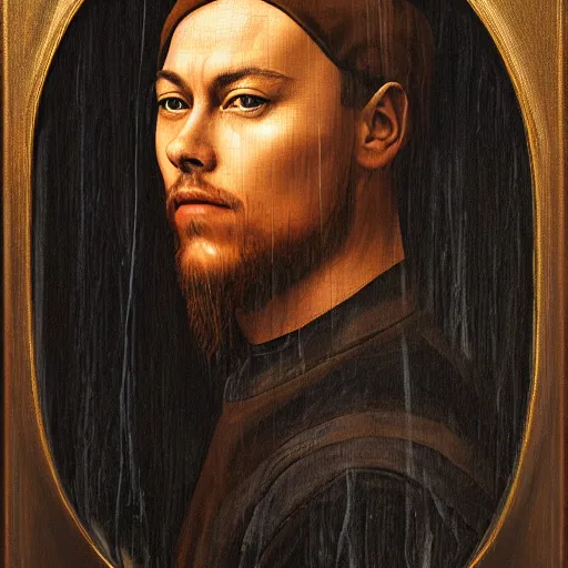 Prompt: oil portrait of a renaissance computer hacker, on a dark neutral background, cyberpunk, regal, highly detailed, by Leonardo Decaprio