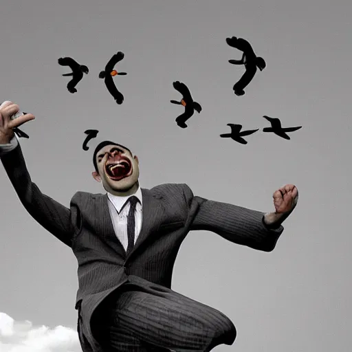 Image similar to angry mr. bean with his mouth wide open flapping his bird wings, thousands of little mr. beans are chasing him, fear panic, restlessness