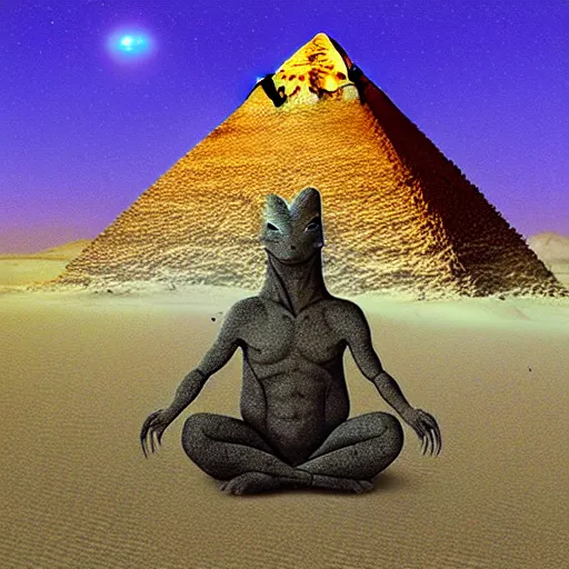 Image similar to lizard meditating in desert, pyramids, light shafts, wisps, sandstorm, light diffusion, godly, ascending, by moebius, digital art, beautiful, sacred, holy, surreal, fantasy art, oasis, by durer, durer