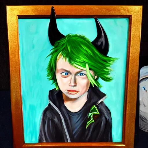 Prompt: a painting of a boy with green hair and devil horns and an eye patch