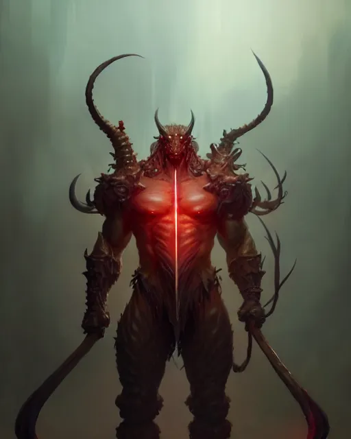 Prompt: full body portrait of a strong male demon rendered in unreal engine 5, by wlop, greg rutkowski, and peter mohrbacher, octane render, ultra high detail, 3 d, extremely detailed shading, concept art, character design, trending on artstation, atmosphere, glow, cinematic lighting, vibrant colors