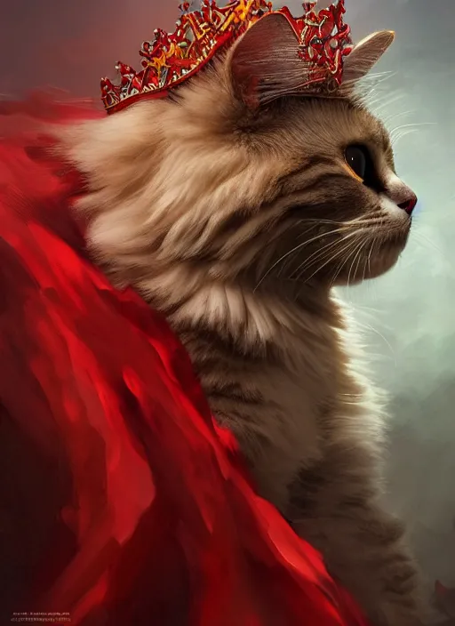 Prompt: side profile of a ragdoll cat king wearing a crown and red cape, fantasy, digital painting, volumetric light, intricate, sharp, focus, bloom, illustration, highly detailed, concept art, matte, ruan jia, randy vargas, greg rutkowski