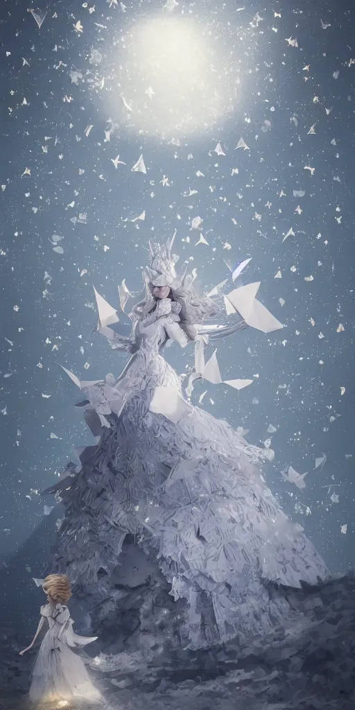 Image similar to background is a stary night sky, castle made of clouds, looking up towards an anthropomorphic space woman wearing a flowing paper couture dress with puffy leggings, paper stars, many origami birds, eery light, 3D, very detailed, octane render, trending ArtStation, artgem