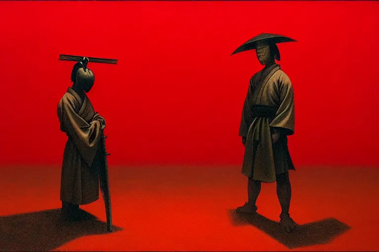 Image similar to only with red, a red samurai do seppuku, tokio, a lot of frogs watch, in the style of beksinski, parts by edward hopper, parts by rodcenko, parts by yue minjun, intricate and epic composition, red by caravaggio, insanely quality, highly detailed, masterpiece, red light, artstation, 4 k