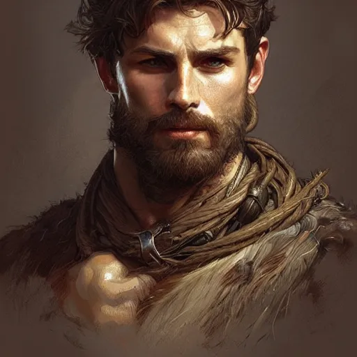 Image similar to portrait of a rugged ranger, upper body, hairy torso, D&D, fantasy, intricate, elegant, highly detailed, digital painting, artstation, concept art, matte, sharp focus, illustration, art by Artgerm and Greg Rutkowski and Alphonse Mucha