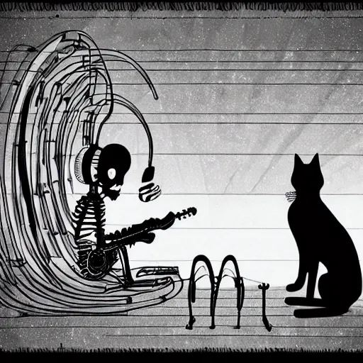 Image similar to skeleton wearing headphones watching girl playing guitar with her black cat standing next to her, digital art