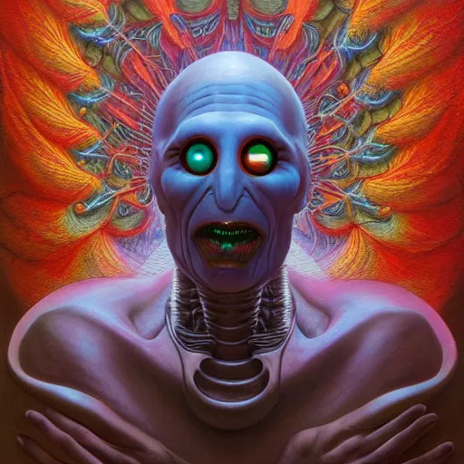 Prompt: cybernetic voldemort goes on an ego trip under lsd, by alex grey, by Esao Andrews and Karol Bak and Zdzislaw Beksinski and Zdzisław Beksiński, trending on ArtStation