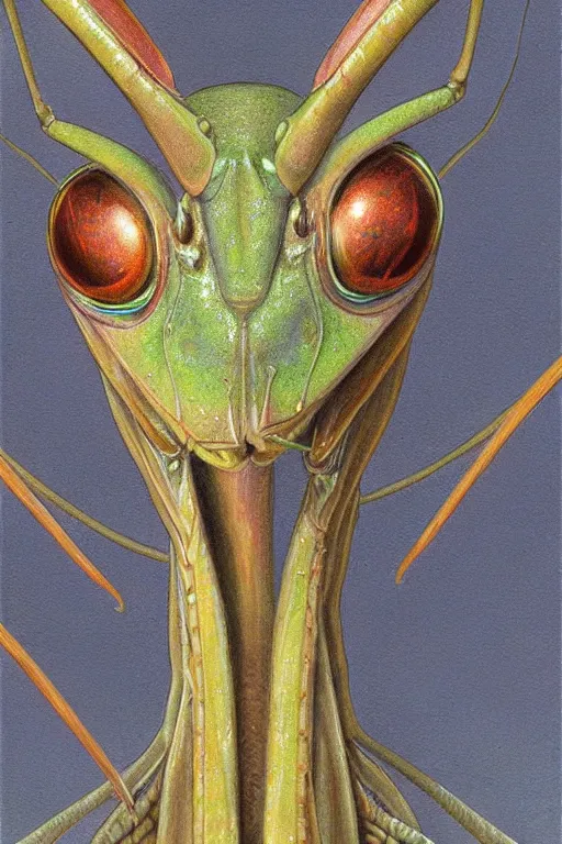 Prompt: portrait of a praying mantis alien, by giancola, very detailed art, elegant, sophisticated, high resolution, smooth