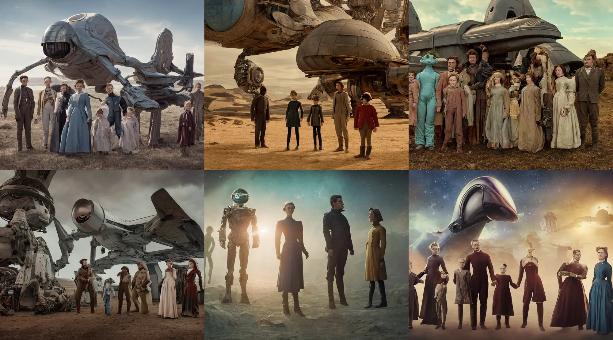 Prompt: 8k film still from a sci fi blockbuster color movie made in 2022, set in 1860, of a family standing in front of a spaceship that has just landed on an alien planet, a humanoid alien creature stands nearby, the family are all wearing 1850s era clothes, cinematic lighting, cinematic camera, human faces, extremely good lighting, good photography, winner of seven oscars