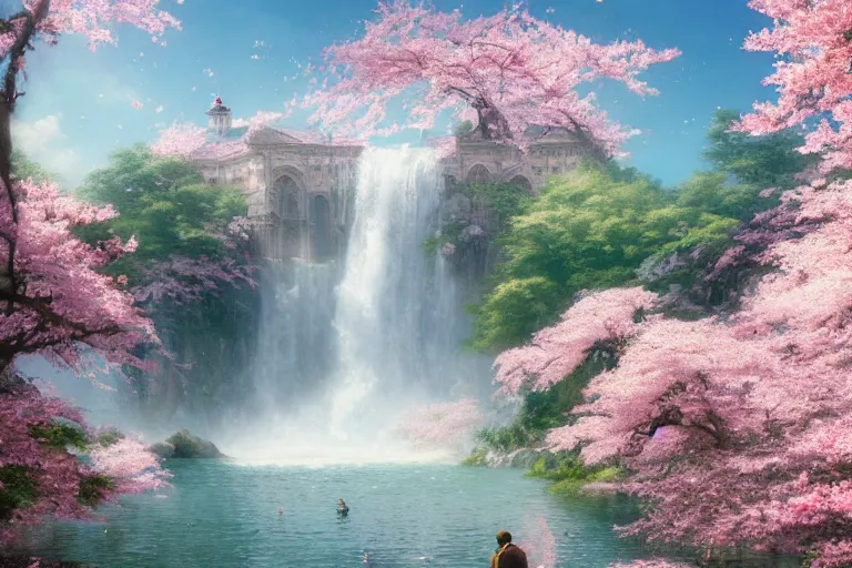 Prompt: a beautiful picture of sakura in full bloom, palace ， a man in waterfall, by greg rutkowski and thomas kinkade, trending on artstation