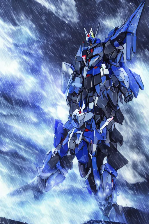 Prompt: Azure Wolf 🐺 GUNDAM on a destroyed forest under heavy rain, cinematic lighting, Lightning arc plasma, symmetric full body azure GUNDAM mecha, GUNDAM wing style armor, GUNDAM armor, samurai armor, mortar heads, mech suit, full body armor, lamellar armor, exoskeleton, post processing, ultra detailed, trending on artstation