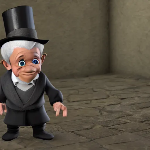 Prompt: an old male halfling with grey hair and black eyes wearing a suit and top hat in a medieval village, D&D, high detail, trending on artstation, 4k photorealistic, volumetric lighting, HD