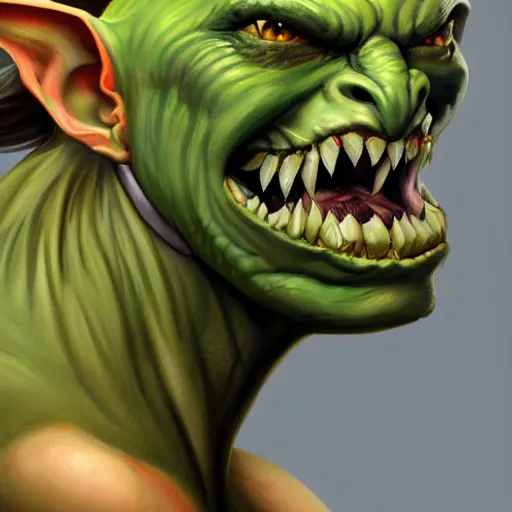 Image similar to headshot of a dnd goblin, a white clouded eye and a scar, wicked smile, greenish skin, painting in the style of boris vallejo and Jeff Easley, digital art, photoshop, trending on artstation,