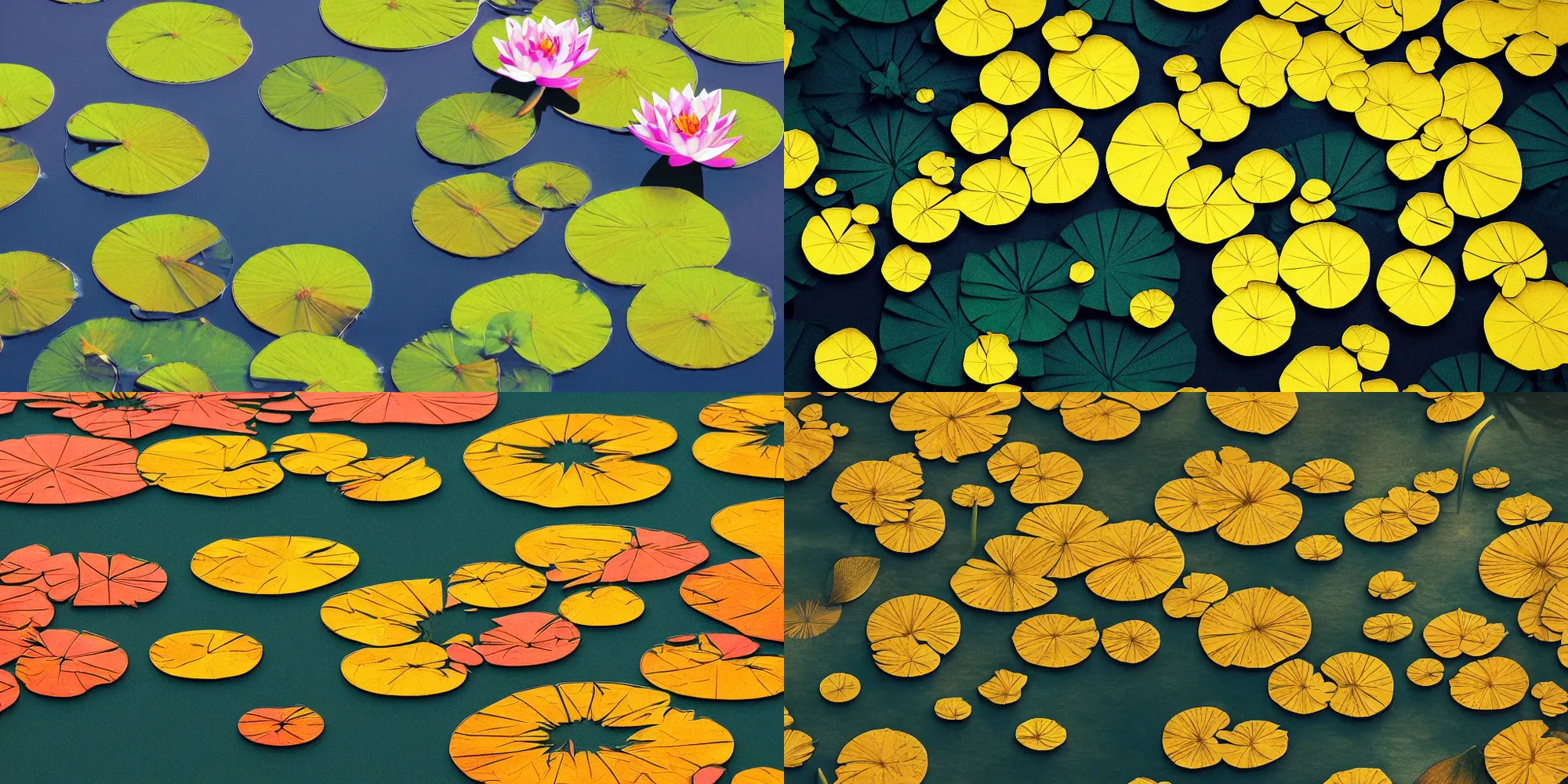 Prompt: lily Pads with Lotus flowers in the golden hour, paper cut art, close up, DOF, 8k, artstation,