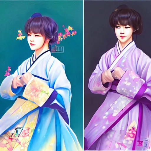 Image similar to Jimin bts in traditional hanbok clothing, by Lim Chuan Shin, rossdraws, artgerm and Mandy jergens