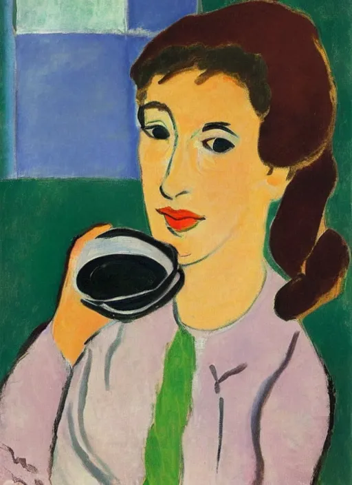 Prompt: jewish woman drinks coffee at a sunlit cafe, calm and content, portrait, by henri matisse, high quality