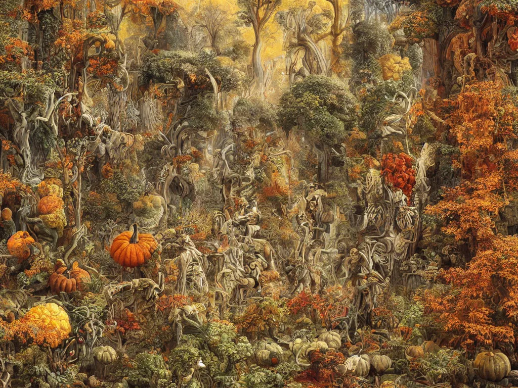 Prompt: autumn cannibalism in ancient city art by ernst haeckel, fractal, hypermaximalism unreal render engine 8 k