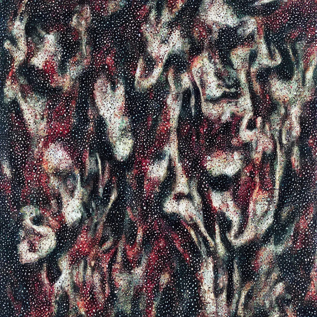 Image similar to camo made of teeth, smiling, abstract, francis bacon artwork, cryptic, dots, spots, stipple, lines, splotch, color tearing, pitch bending, faceless people, dark, ominious, eerie, hearts, minimal, points, technical, old painting