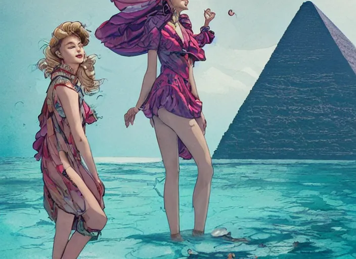 Prompt: lee jin - eun in luxurious dress emerging from turquoise water in egyptian pyramid city during an eclipse by james jean, conrad roset, m. k. kaluta, martine johanna, rule of thirds, elegant look, beautiful, chic, face anatomy, cute complexion