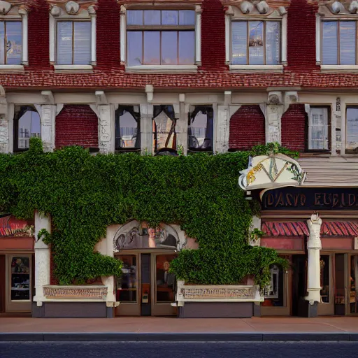 Image similar to charming mainstreet disneyland type building with ivy growing up it, octane render, hyperdetailed, photorealistic, natural light