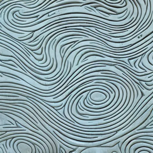 Image similar to serpentine twisty maze, thin lines, fractal, carved soapstone relief paneling white and pale blue