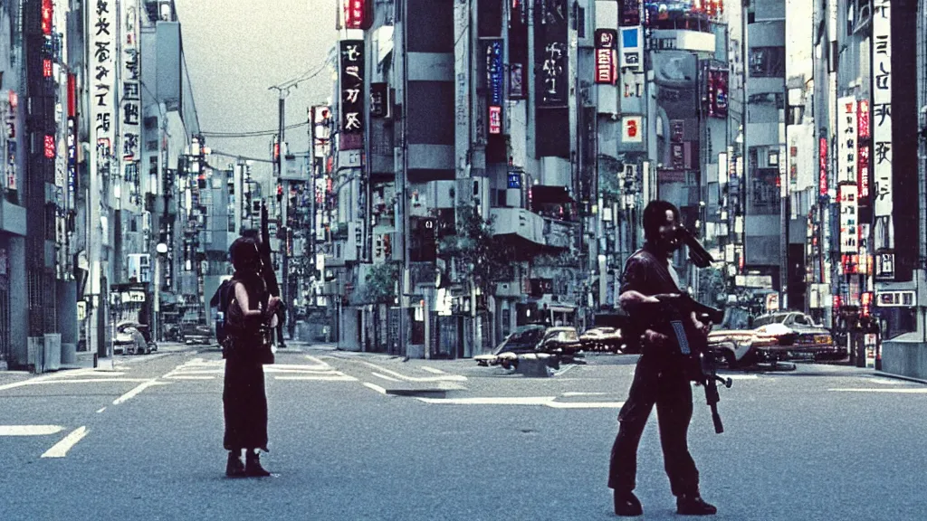 Prompt: a strange creature floating alone on an empty street in downtown Tokyo with a gun, film still from the an anime directed by Katsuhiro Otomo with art direction by Salvador Dalí, wide lens