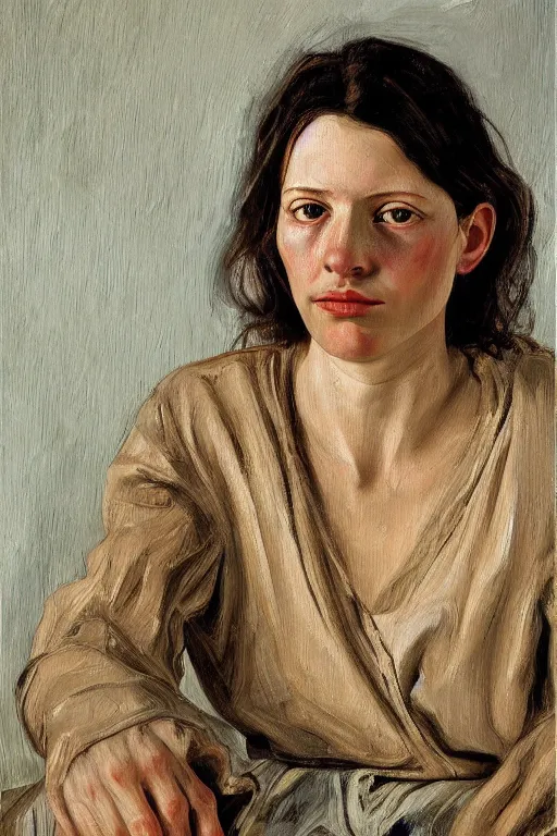 Prompt: high quality high detail oil painting portrait of a young woman by lucian freud, painterly thick brushstrokes, hd, photorealistic lighting