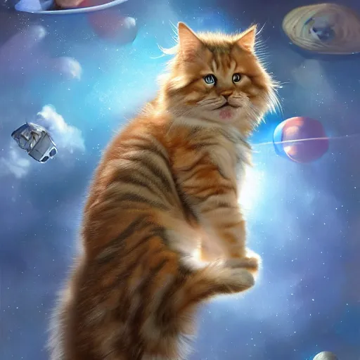 Image similar to glorious dynamic pose full body celestial main coon beany baby as an astronaut floats near the webb telescope in outerspace, intricate, portrait, 8k highly professionally detailed, HDR, CGsociety, dynamic lighting, pristine and clean design, cosplay, art by greg rutkowski, photorealistic