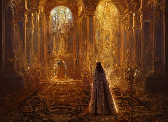 Image similar to kneeling before the pope, royal robe, gold trim, light effect, hyper detailed, intricate, atmospheric, elegant, photorealistic by paul lehr, marco mazzoni, featured on cgsociety, rococo, whimsical, artstation