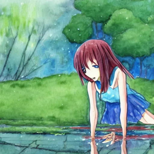 Prompt: a anime girl looking into her own reflection in a puddle of water, she is in a raining forest, watercolor painting