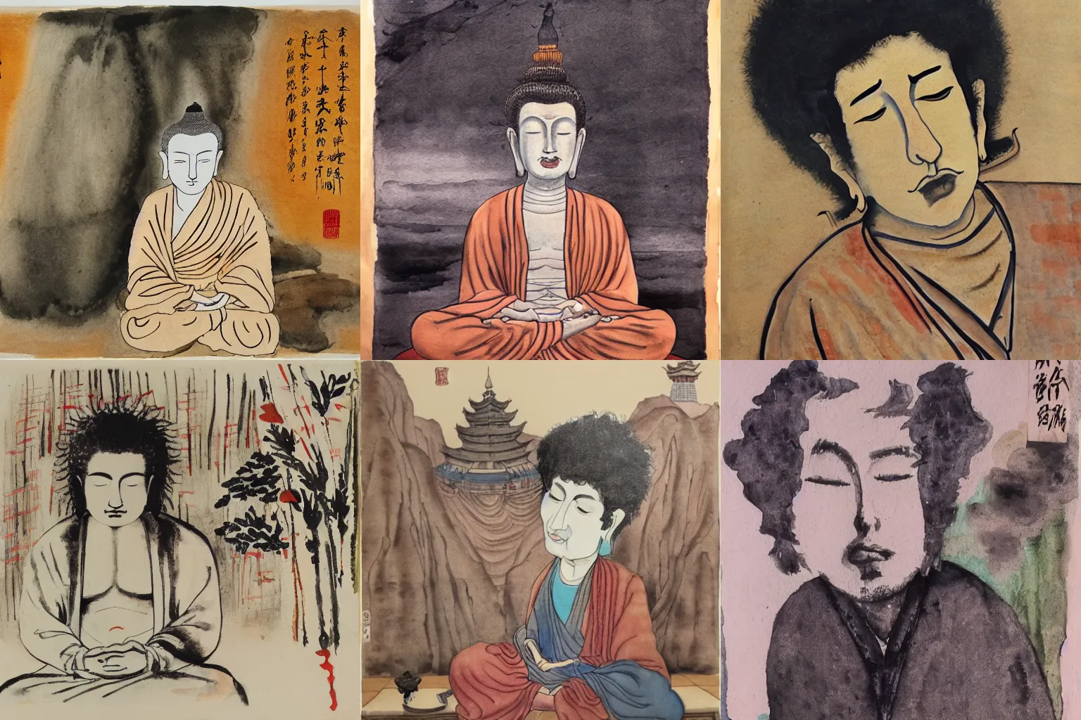 Prompt: bob dylan meeting the buddha, historical painting, chinese watercolor and ink drawing