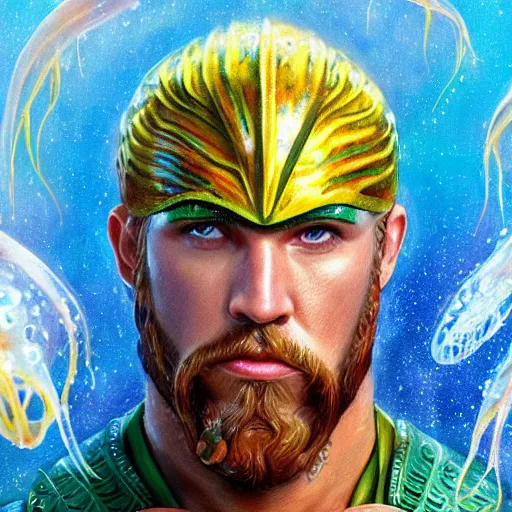 Image similar to intricate five star portrait of aquaman as a jellyfish man, oil on canvas, hdr, high detail, photo realistic, hyperrealism, matte finish, high contrast, 3 d depth, centered, masterpiece, grain and gentle colors, enhanced light effect, enhanced eye detail, artstationhd